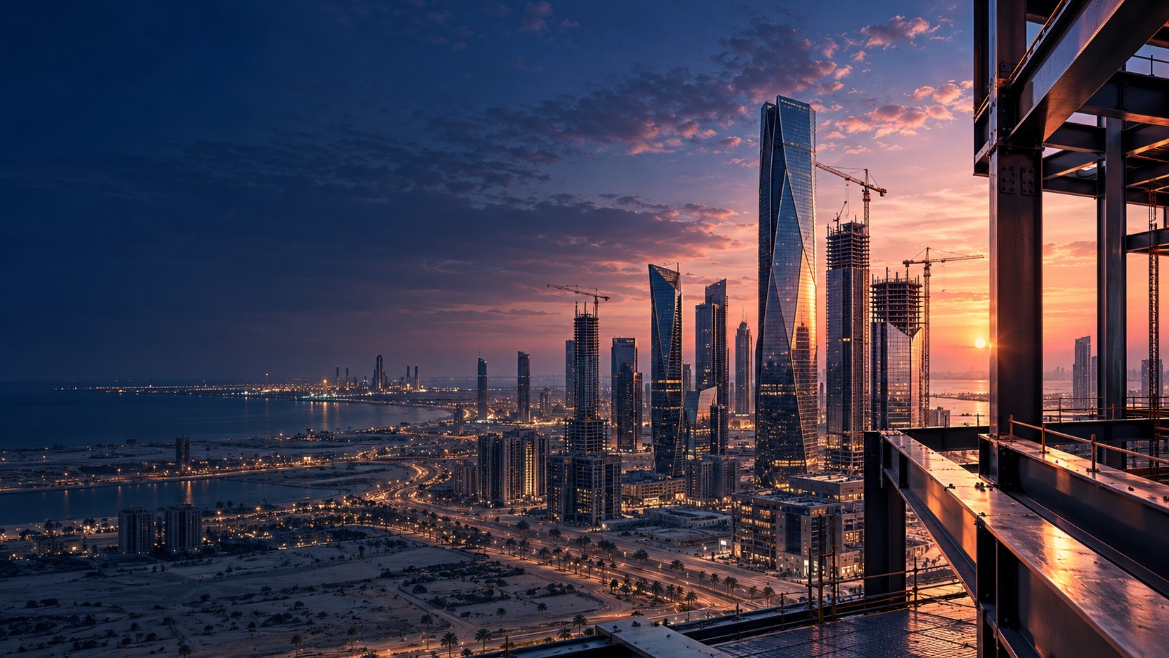 Illustrative Saudi cityscape with modern towers and construction infrastructure